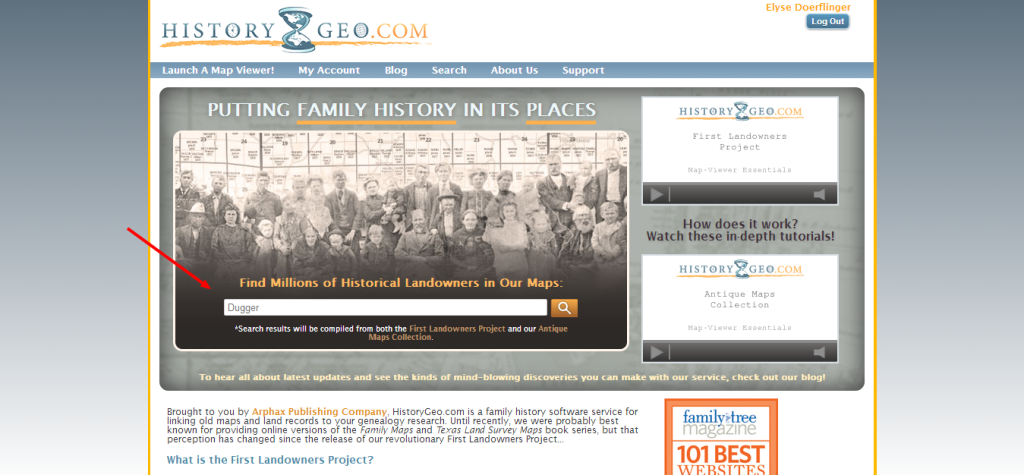 HistoryGeo Homepage with Search Page