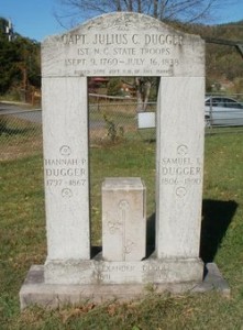 Headstone for Julius Dugger, Samuel Dugger, and Hannah Potter.  Photo from FindAGrave and taken by Aleta Stafford - used here with permission.